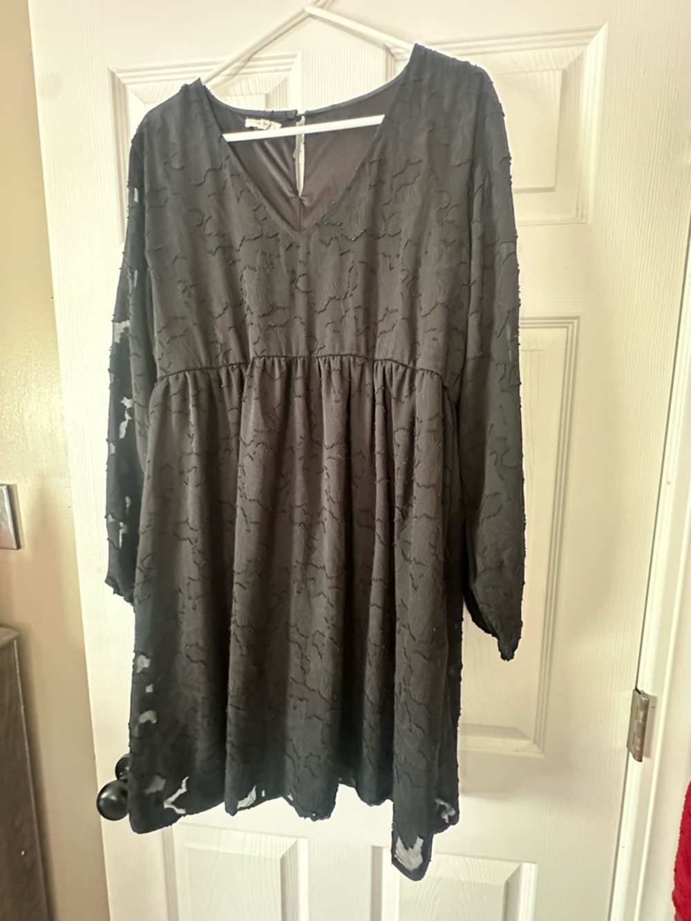 Maurices Black Long Sleeve Textured V-Neck Babydoll Dress